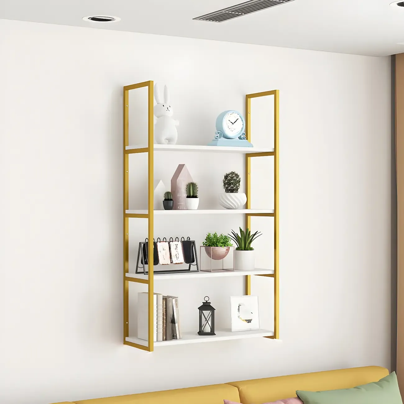 Modern Wall-Mounted Bookcase White Gold Display Shelf
