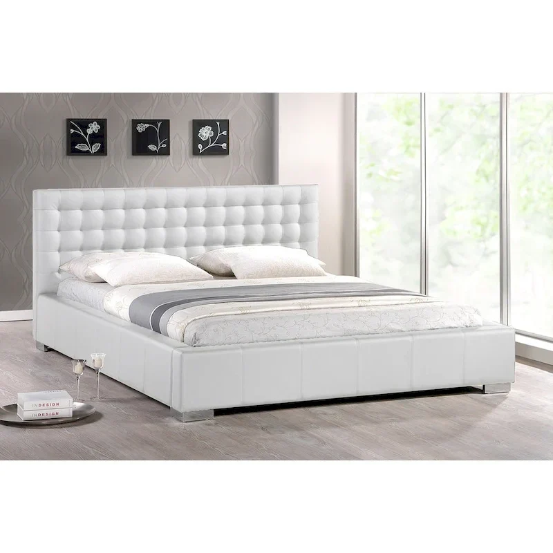 White Modern Queen-size Platform Bed with Upholstered Headboard