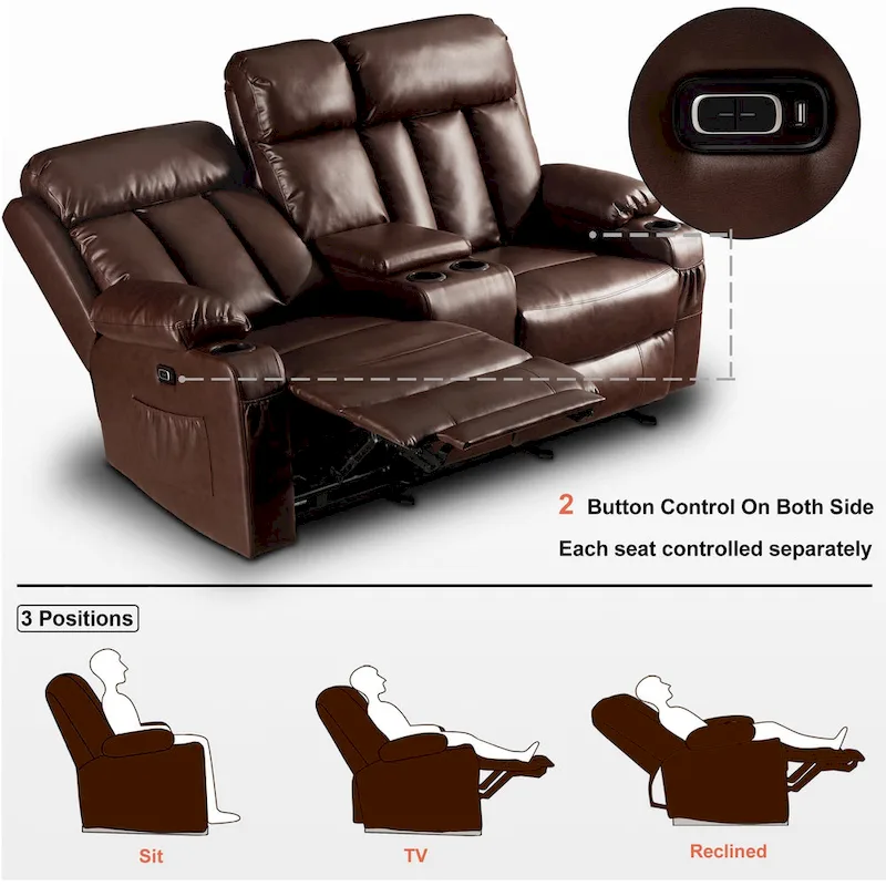 MCombo Electric Power Reclining Sofa with Heat & Massage, Faux Leather 6095/6075/6077