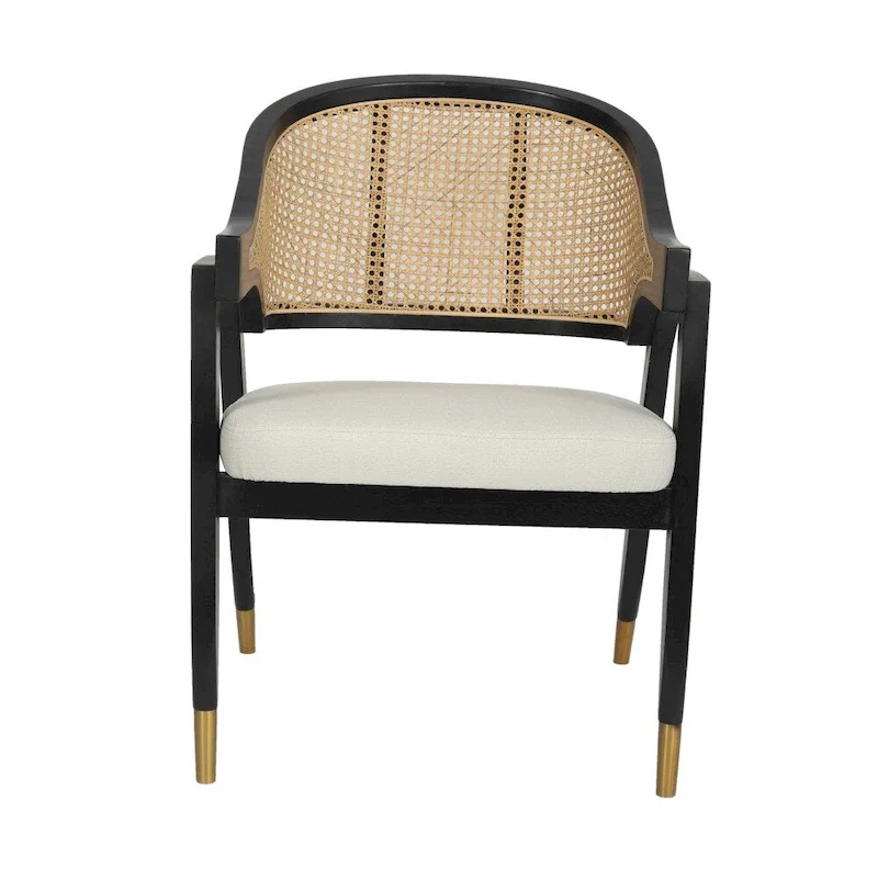 Cane Rattan Dining Chair with Upholstered Seat and Armrests