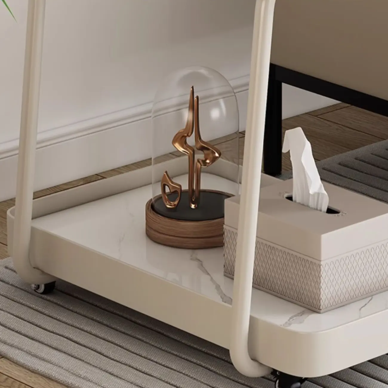 Modern C-Shaped White Stone Rectangular Swivel Side Table