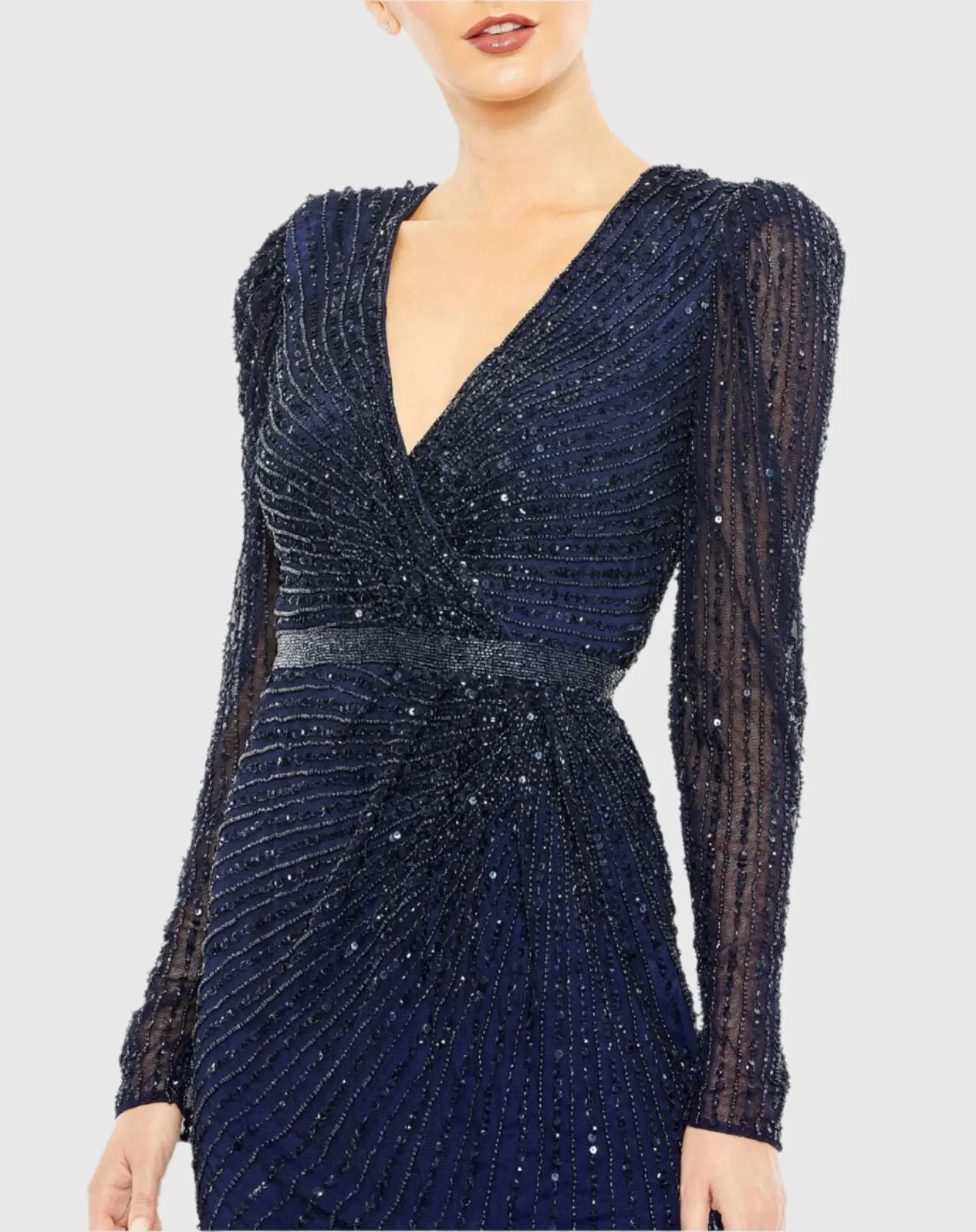 Navy Sequined Wrap Over Long Sleeve Gown
