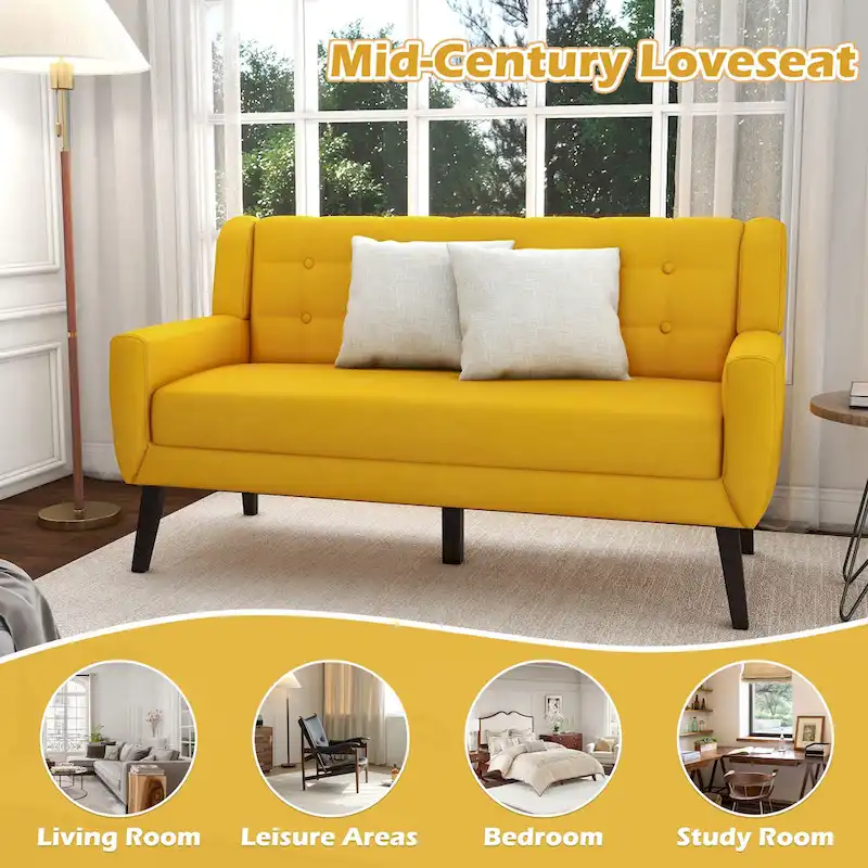 Modern Curved 63  Button Tufted Upholstered Loveseat with 2 Pillows