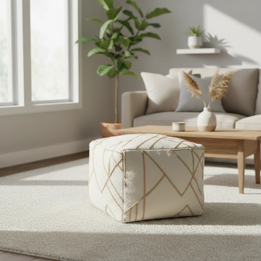 18 Inch Square Pouf, Handwoven Wool and Jute, Bead Fill, Transitional Style, Ivory, 1 Unit