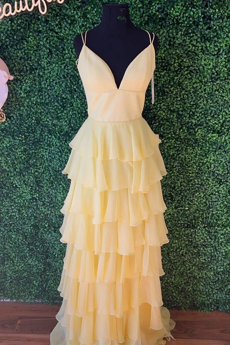 V-Neck Straps Ruffle Chiffon Prom Dress with Slit