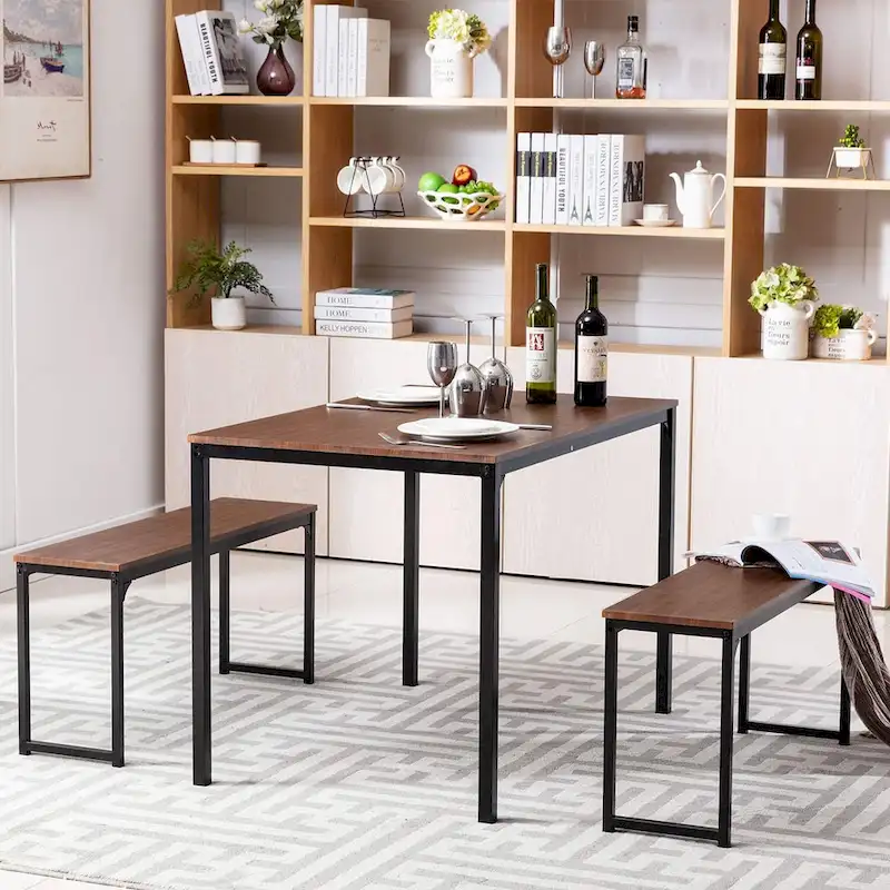 3 Piece Kitchen Table Set with Two Benches Dining Room Table Set 4