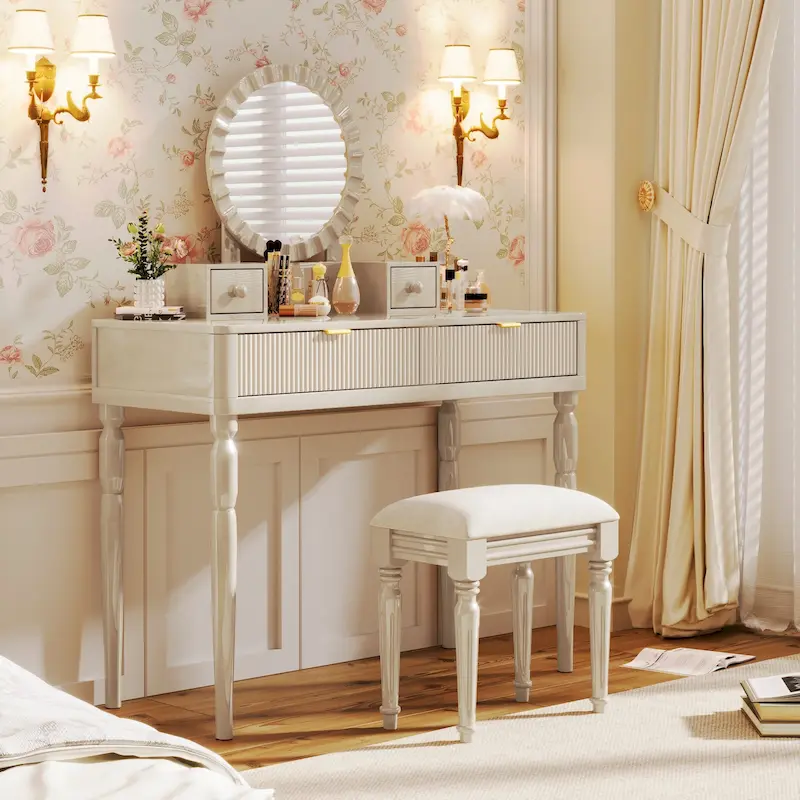 Luxury Vanity Desk with Round Mirror,Height-Adjustable, Stylish Dressing Table Set, 4 Drawers & Stool