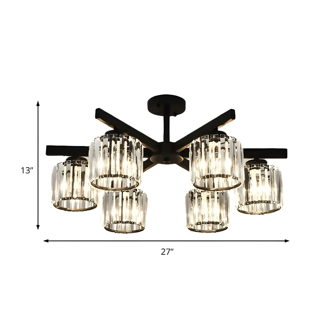 Modern Large Black Cylinder Crystal Semi Flush Ceiling Light