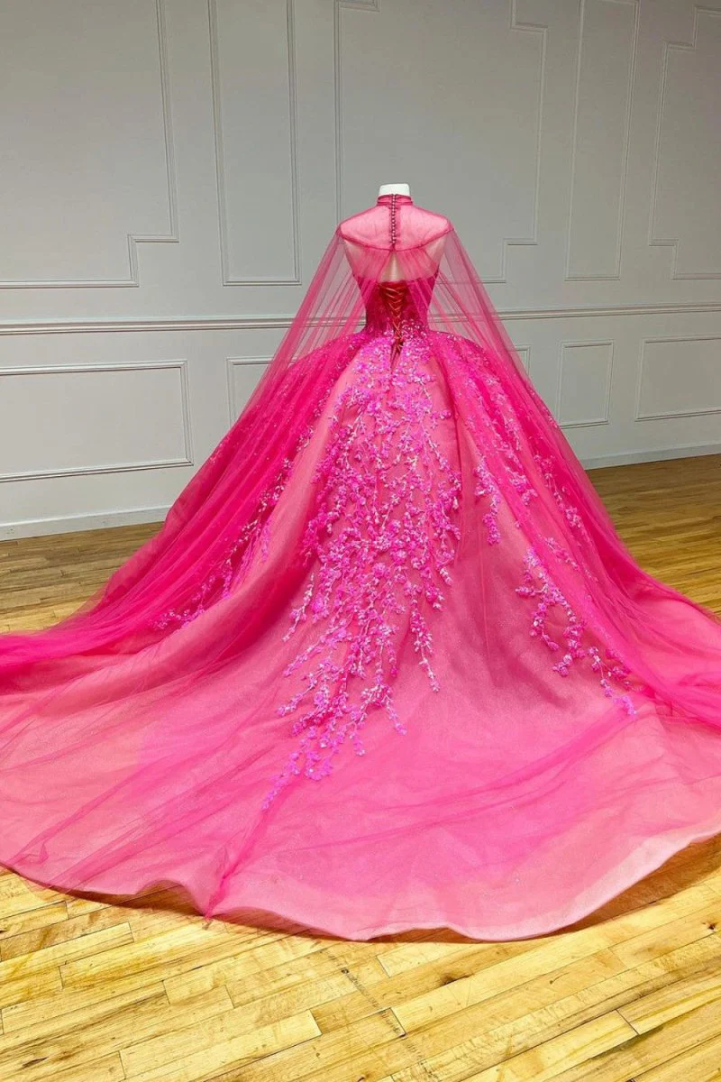 Ball Gown Sweetheart Pink Lace Appliques Tulle Long Quinceanera Dresses