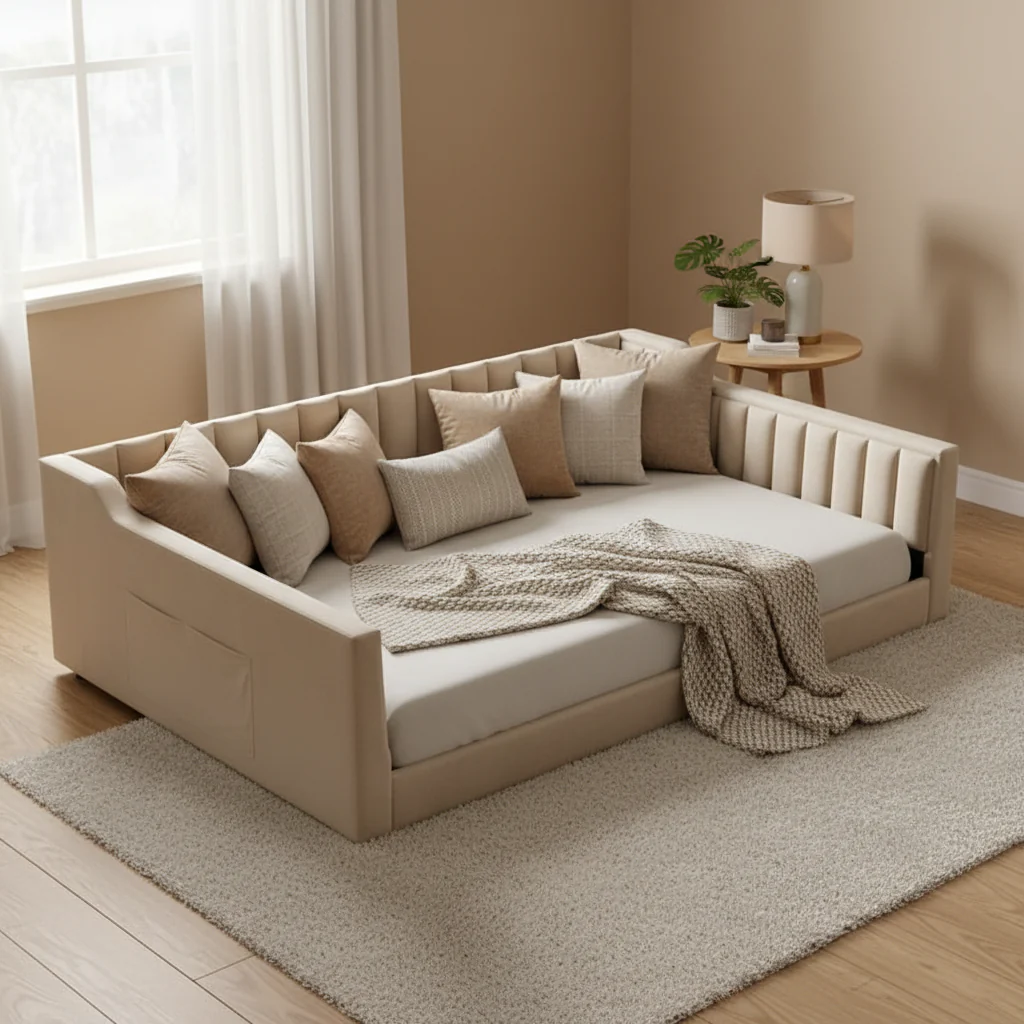 Beige/Grey Velvet Vertical Stripe Full XL Daybed Sofa, Single, with Side Storage Pocket