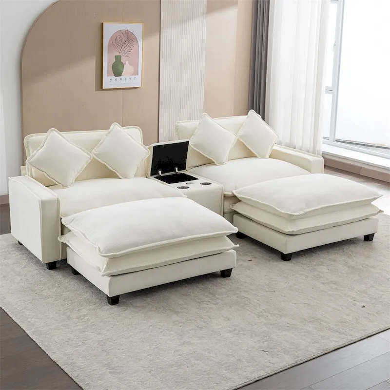 112.6 Chenille Upholstered Sectional Sofa with 2 Removable Ottoman