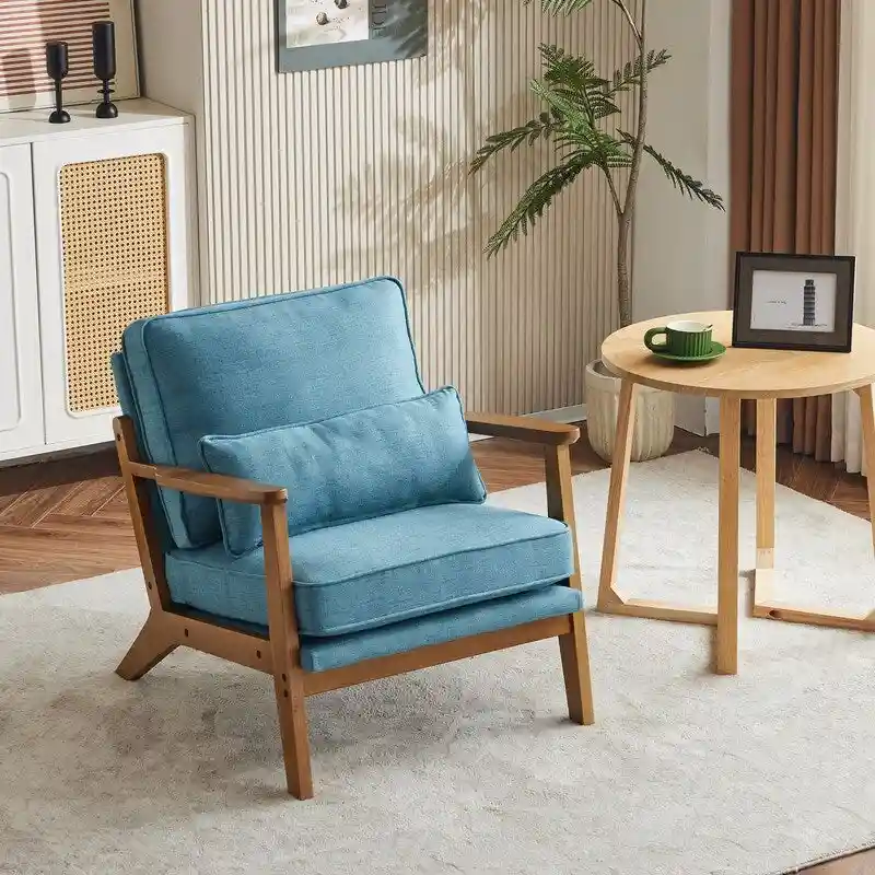 Upholstered Linen Blend Accent Chair with Wooden Legs and Pillow, Beige