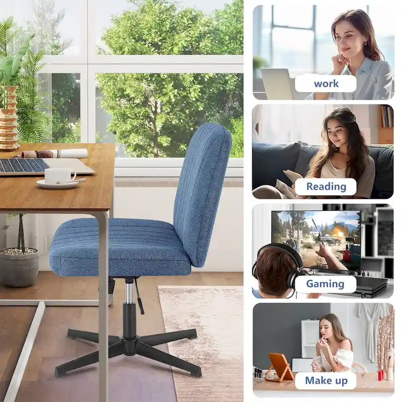 Criss Cross Legged Office, Wide Comfty Desk, Wheels Armless Computer Task, Swivel Vanity Home Chair, Height Adjustable