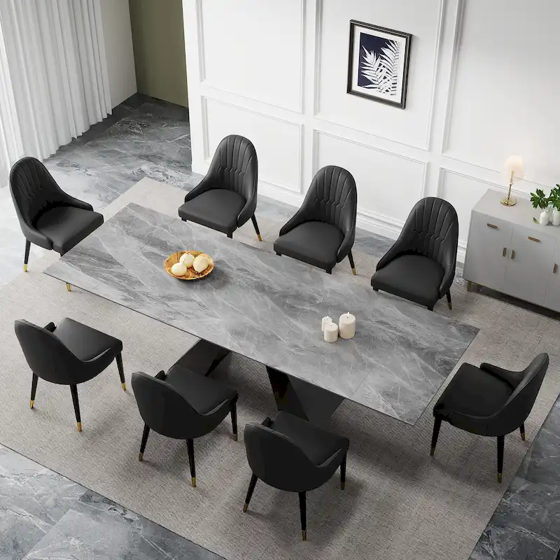 9 - Piece 110.24 Extendable Sintered Stone Dining Table and 8 Leather Chairs Dining Set