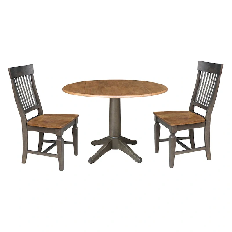 Hickory/Washed Coal Drop Leaf Round Dining Table Set, Seats 2, Slatback Chairs