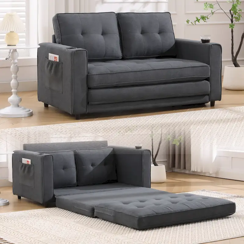Foldable Tufted Loveseat with Pull Out Bed and Side Pockets