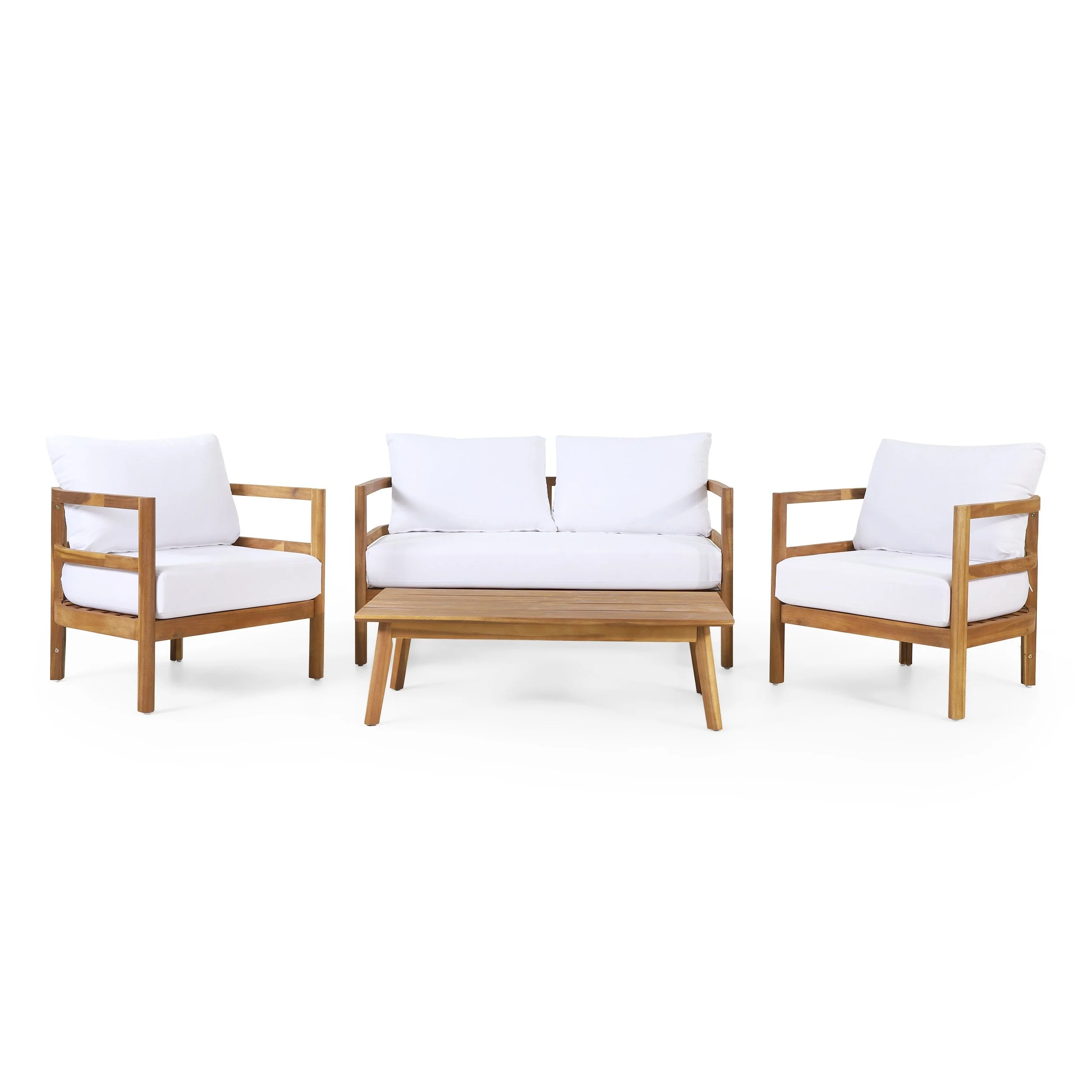 Outdoor Acacia Wood 4-Seater Chat Set with Cushion, Teak and White - NH056513