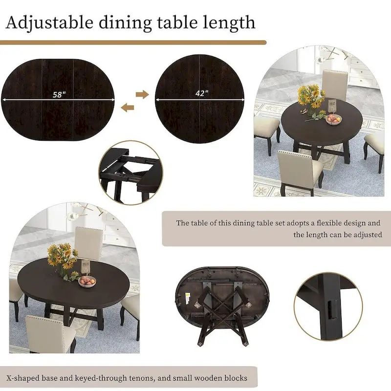 Wooden Round Drop Leaf Extendable Dining Table Set with 4 Upholstered Chairs