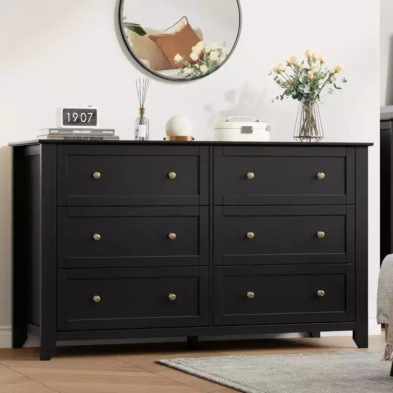 GustoWave Modern 54 Wide Large 6 Drawer Dresser for Bedroom, Entryway, Hallway, Black
