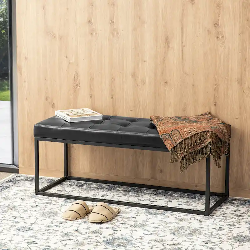 45W Modern Black Tufted Upholstered Bench with Metal Frame Legs - 45W x 19H x 17.5D