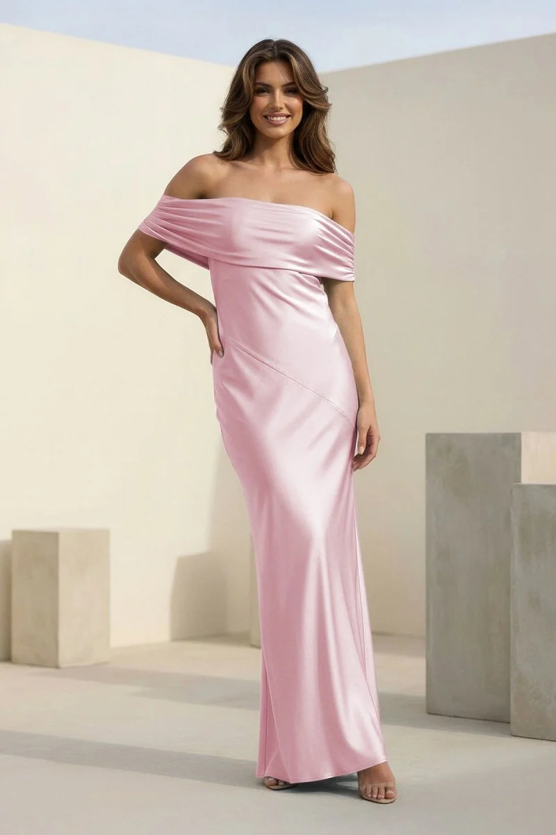 Aqua Sheath Off The Shoulder Satin Long Prom Dresses