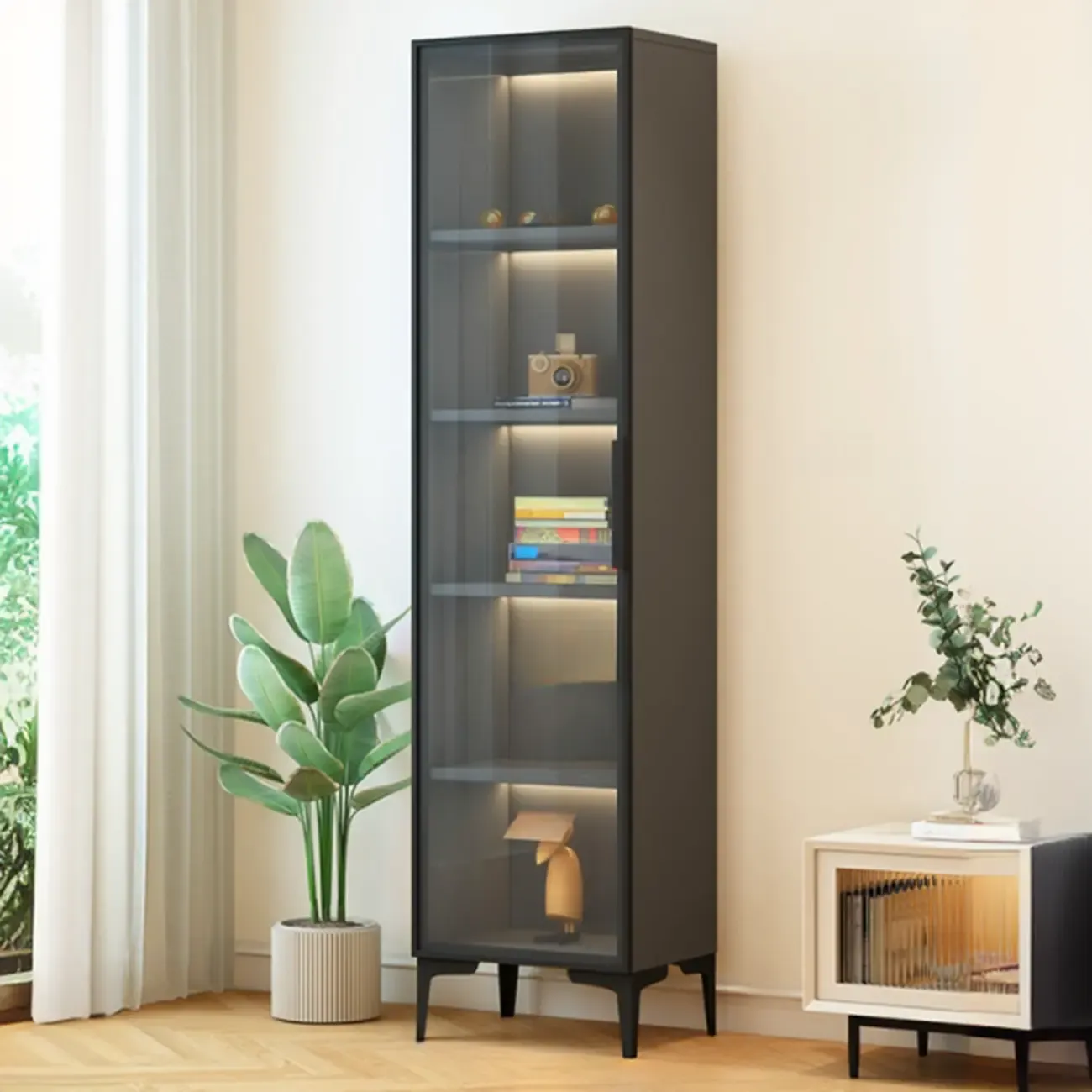 Modern Black Wood Clear Glass Lighting Display Cabinet