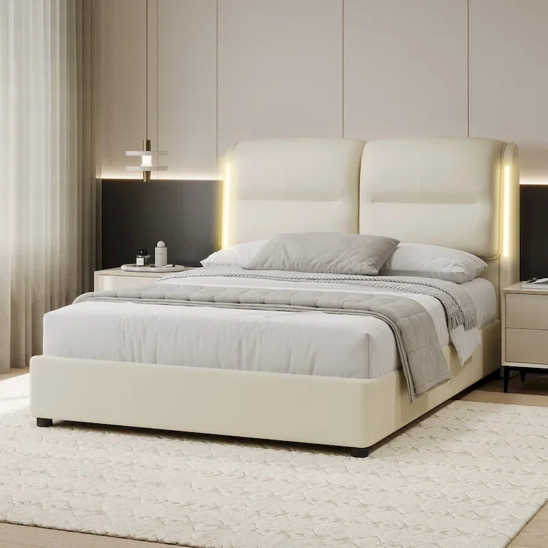 Grey Queen Hydraulic Lift Storage Bed, Metal Frame, PU Leather, Fits 2