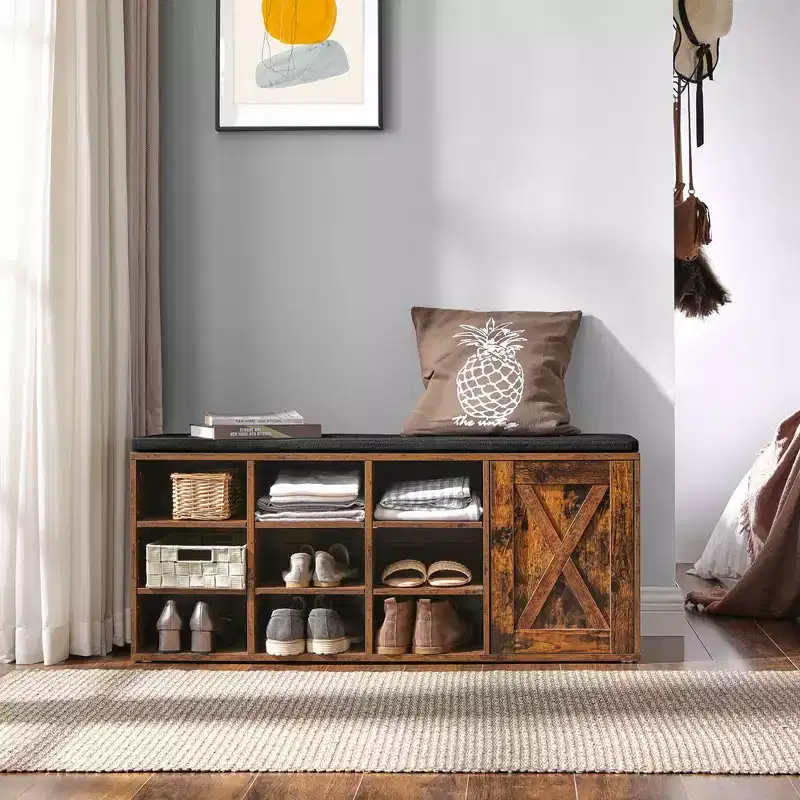 VASAGLE Storage Bench with Cupboard and 9 Open Compartments 11.8 x 43.3 x 18.9 Inches Rustic Brown