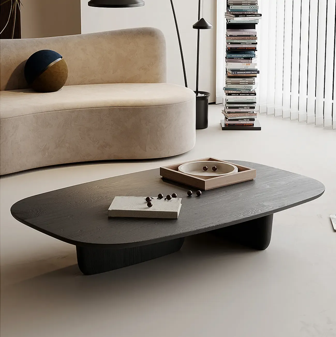 14 in Modern Black Oval Coffee Table with Double Pedestal