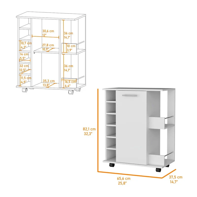 Woodland Bar Cart with Casters, Wine Rack and Open Shelf Black