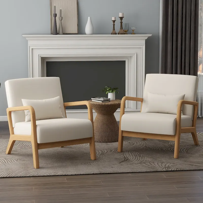 Linen / PU Upholstered Accent Chair with Pillow, Set of 2, Wood Legs