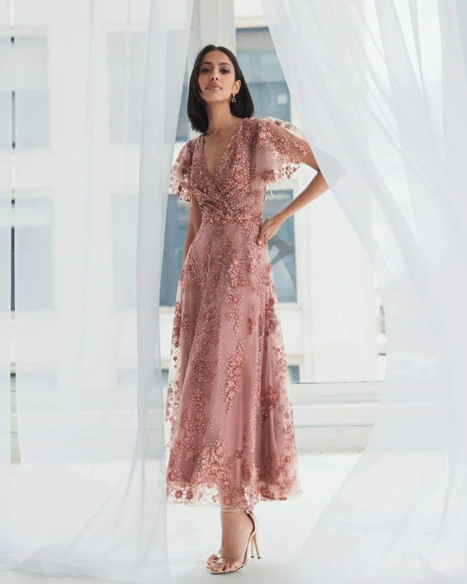 Pink Embroidered Flutter Sleeve A-Line Dress