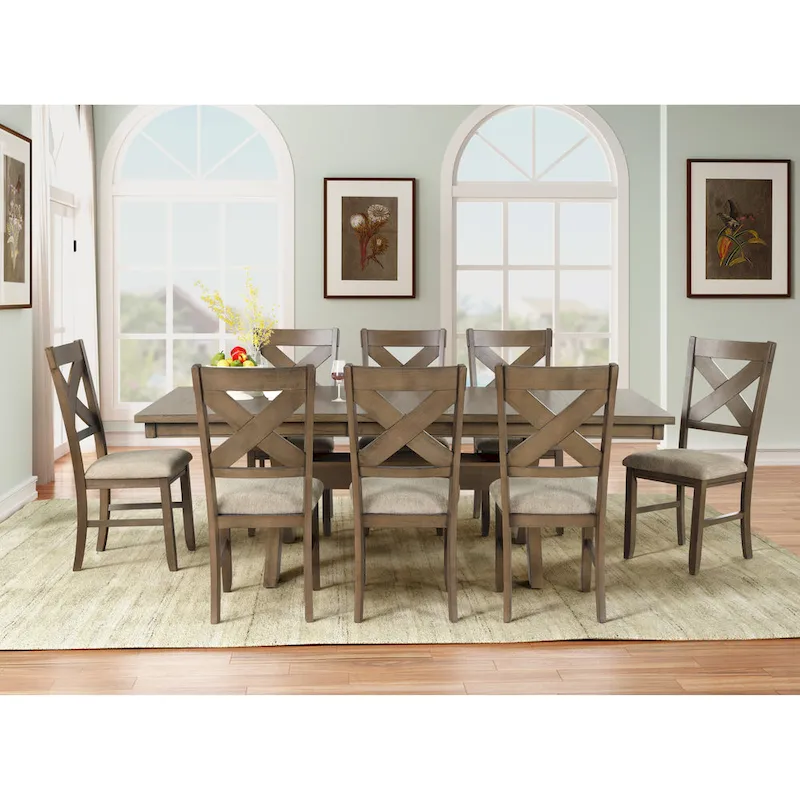9-Piece Extendable Dining Set with Trestle Table & 8 Cross-Back Chairs, Glazed Pine Brown, Seats 8-10, Farmhouse Style