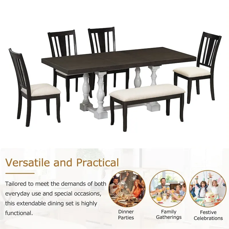 6-Piece 78 Trestle Extendable Dining Table Set w/Dining Chairs &Bench