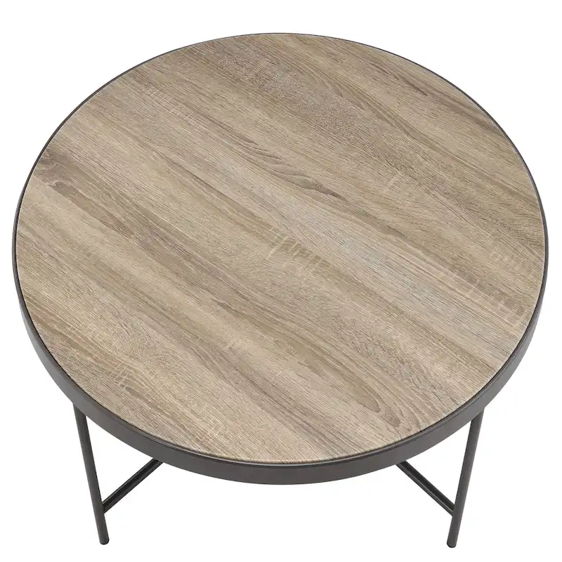 Round Farmhouse-Industrial Coffee Table – Weathered Grey Oak & Black Metal Frame