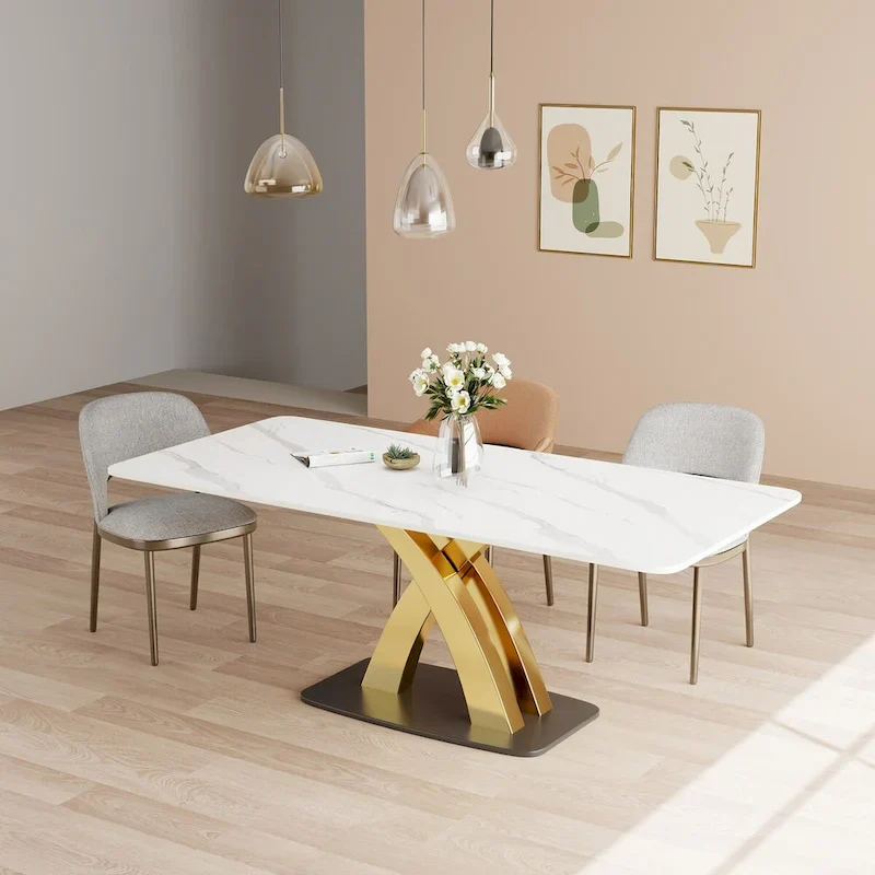 Modern White Rectangular Dining Table,Sintered Stone top,Gold X-Shaped