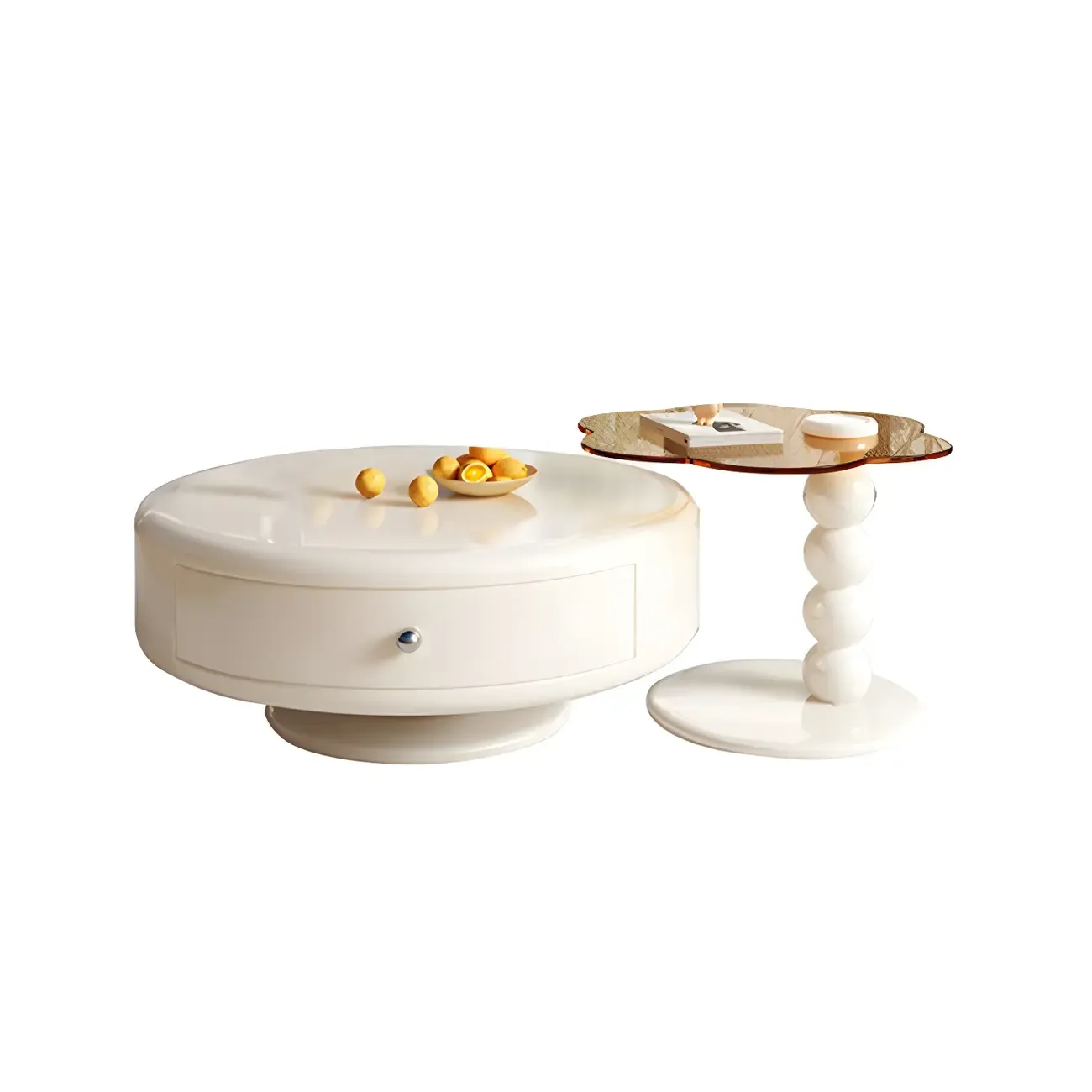 Modern White Round Wood Coffee Table with Drawer