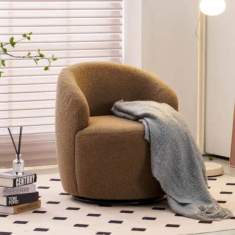 360° Swivel Barrel Accent Chair – Soft Teddy Fabric, Ergonomic Backrest