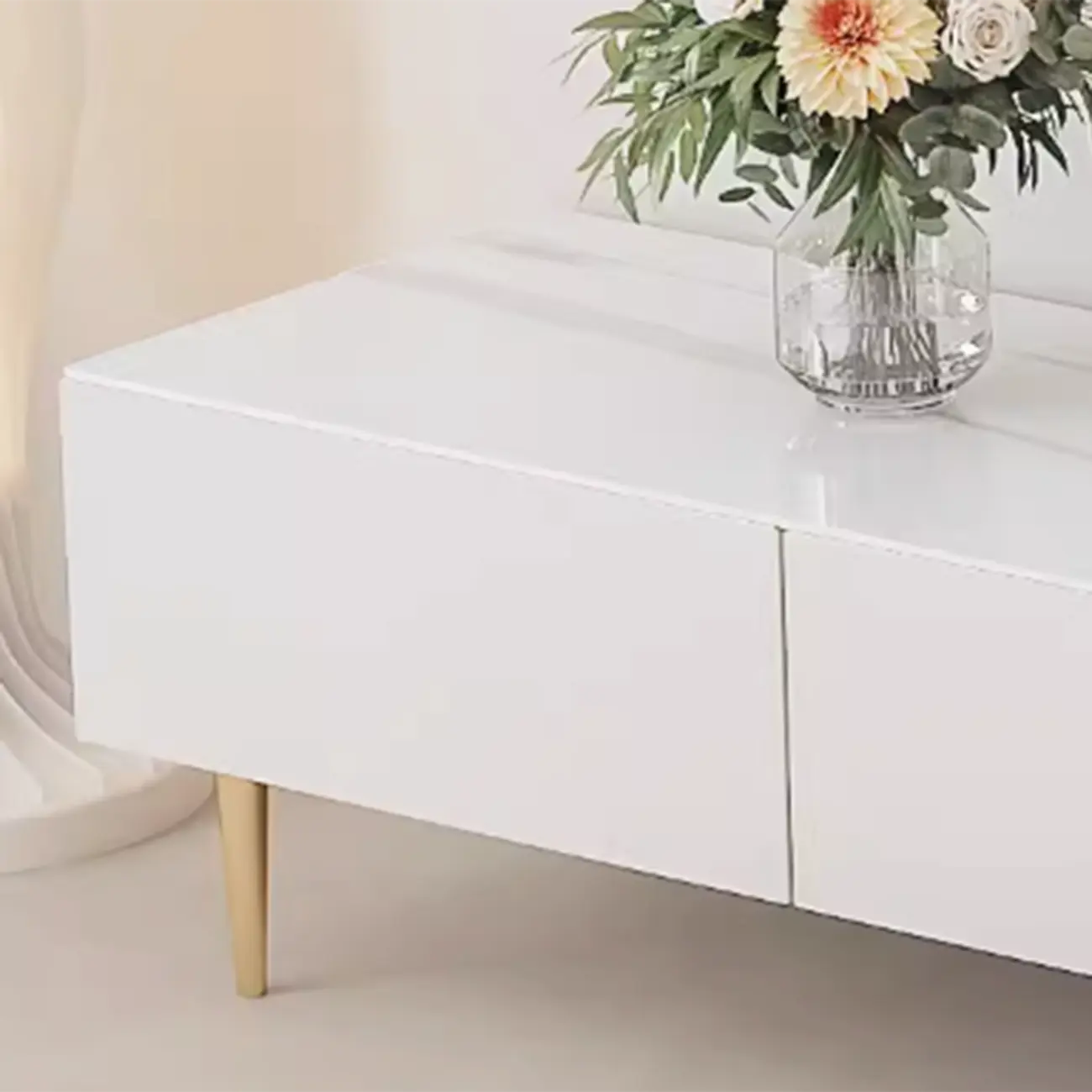 White Stone Cable Management Drawers TV Stand with Legs