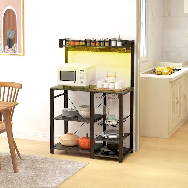 Industrial Baker's Rack with Power Outlet and LED Lights, Storage