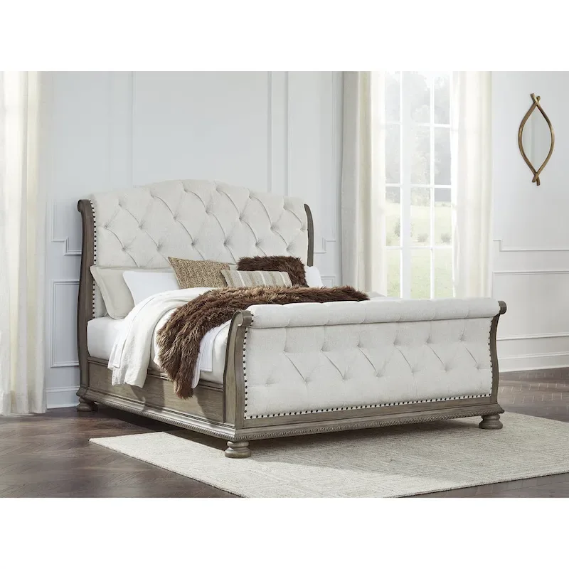 Ardenfield Light Brown/Beige Upholstered Sleigh Bed