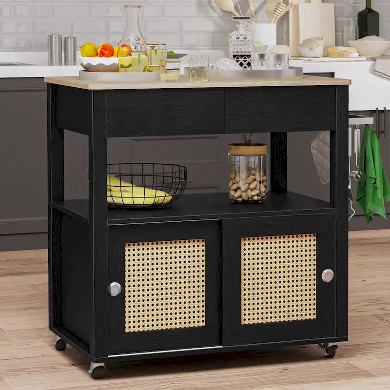 Rattan Rolling Kitchen Island with Storage Cabinet - 32.2L x 19.5W x 35H