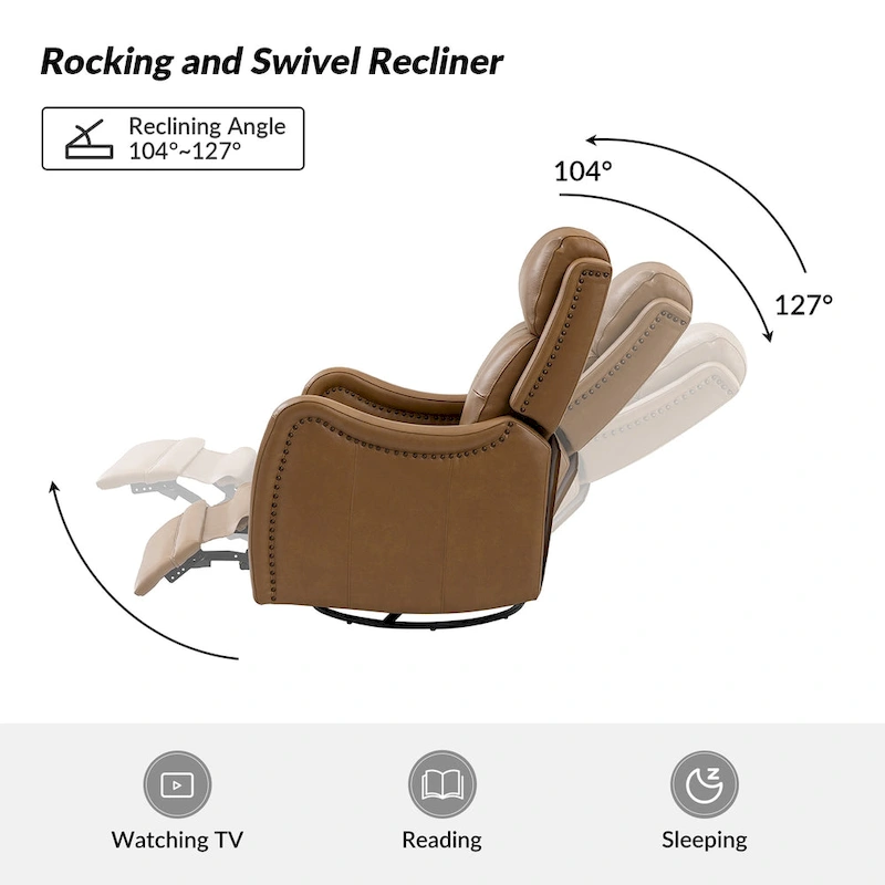 FrancoModern Genuine Leather Swivel Rocker Recliner with Nailhead Trims by HULALA HOME