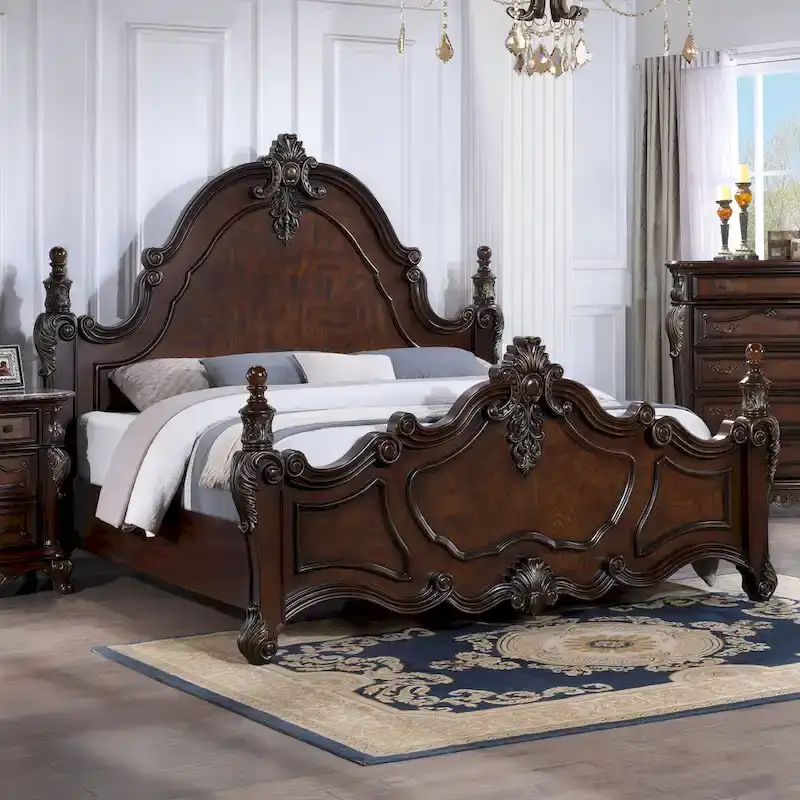 Traditional Dark Cherry Solid Wood Four Poster Panel Bed with Carved Details