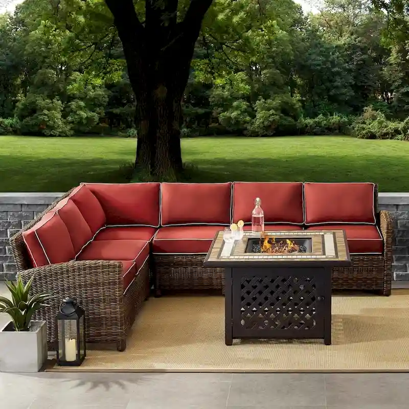 Crosley Bradenton 5-Piece Outdoor Wicker Seating Set With Sangria Cushions - 115.75 W x 85.75 D x 32.5 H
