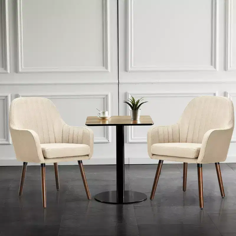 Costway Set of 2 Accent Chairs Fabric Upholstered Armchairs w/Wooden Legs Beige/Gray