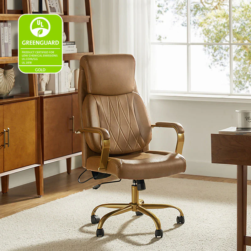 PU Leather Ergonomic Office Chair with Airbag Lumbar Support, Adjustable Height & Gold Metal Base | Camel / Ivory / Brown | Single Seat