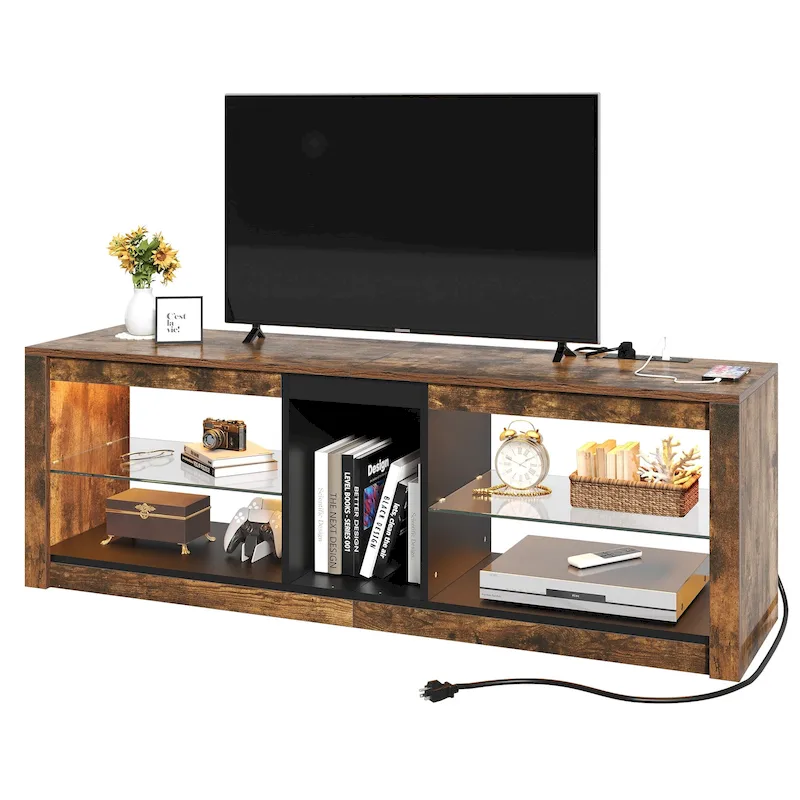 Rustic Brown RGB LED TV Stand with Glass Shelves, Fits TVs up to 60