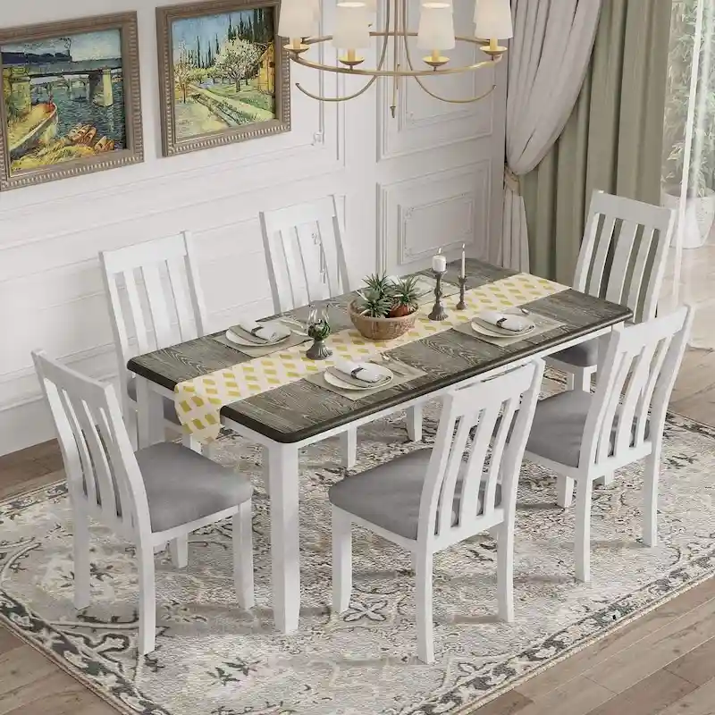 Retro Style 7-Piece Extendable Dining Table and Upholstered Chair Set