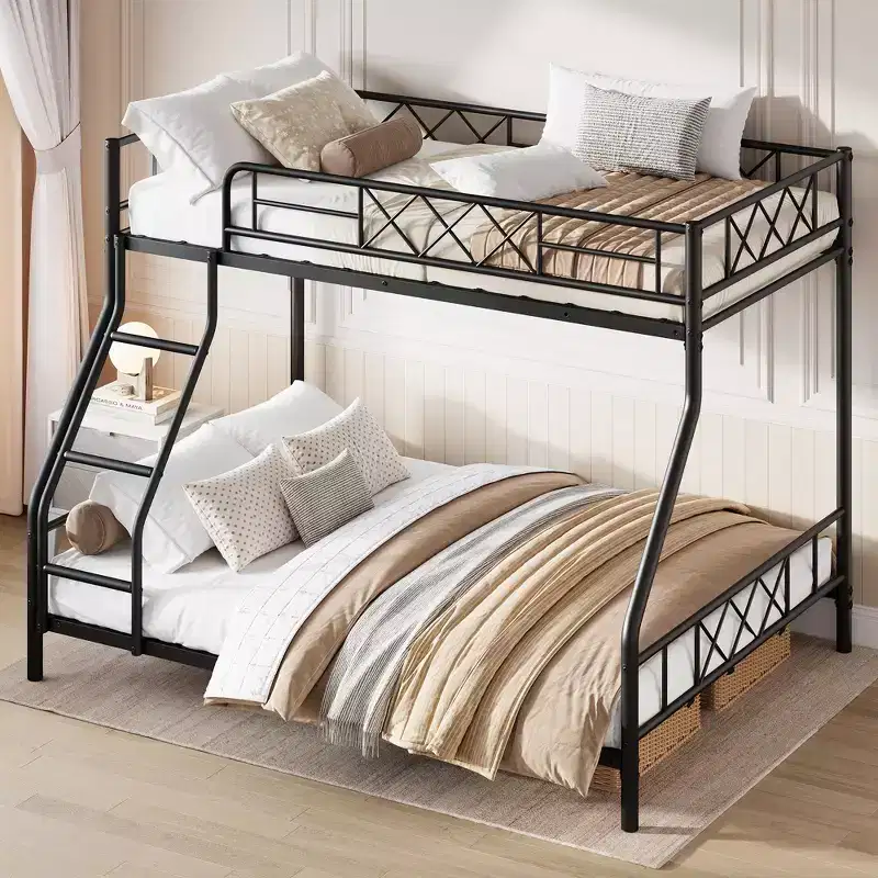 Heavy Duty Metal Twin Over Full Size Bunk Bed, Low Profile Bunk Bed with Length Guardrail and Ladder, No Box Spring Needed, Space Saving